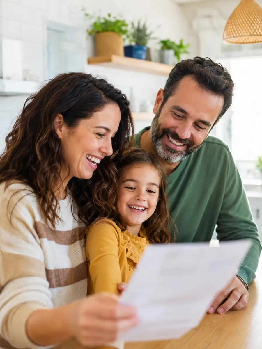 Familia en casa contenta con su ahorro en la factura de la luz